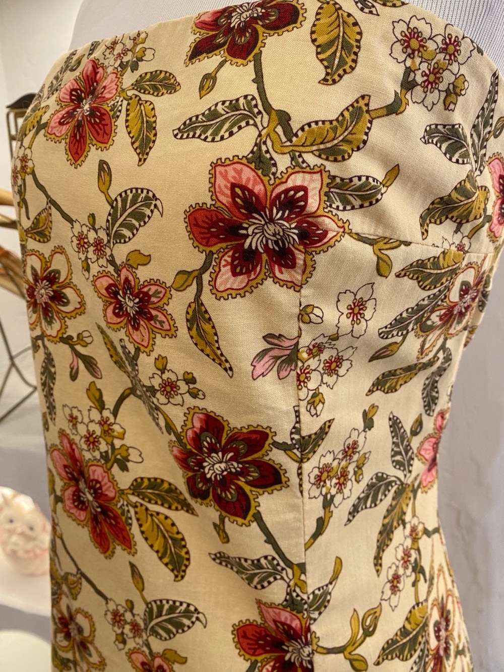 Y2K Vintage Light Yellow & Red Floral Cotton Strapless Midi Dress - Picture 2 of 2